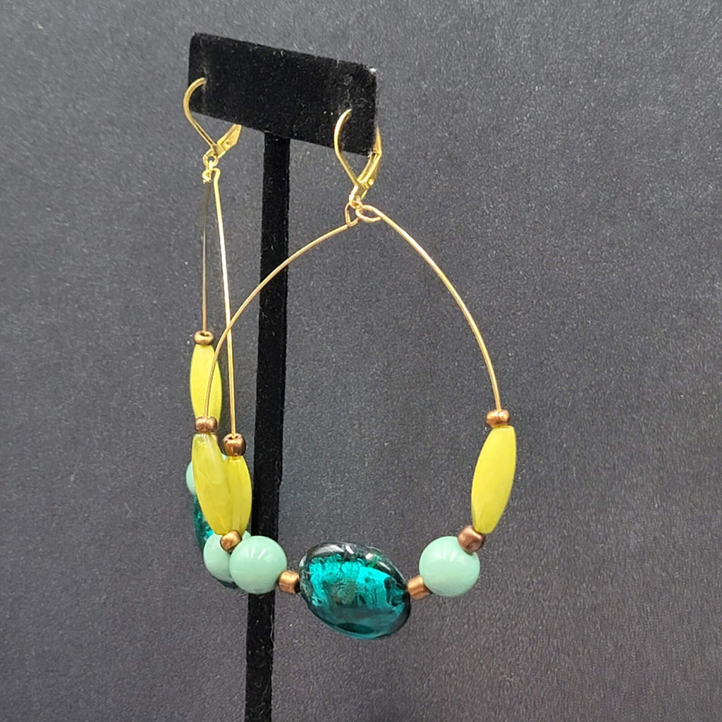 Pierced Earrings Gold tone Blue Dichroic Glass Bead Acrylic Beads 3"
