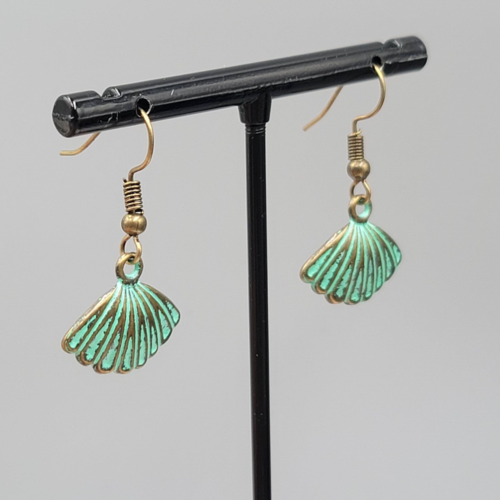 Shell Beach Sealife Pierced Earrings Bronze tone Green wash Dangle Embossed 5/8"