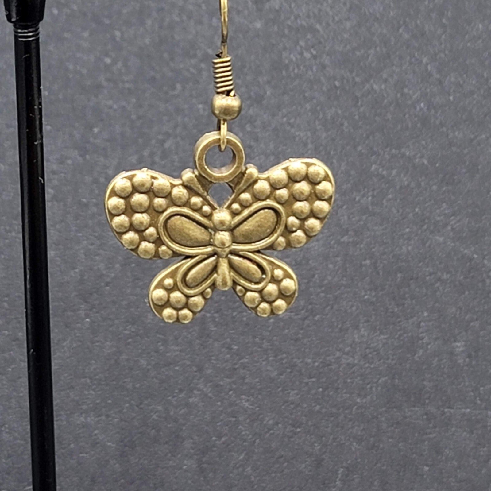 Butterfly Pierced Earrings Dangle Bronze tone Embossed 7/8"