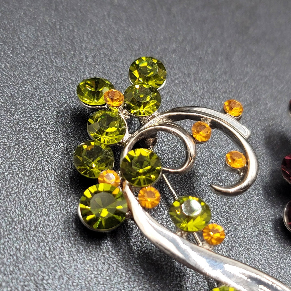 Vintage Brooch Lot of 2 Silver tone Green Purple Crystal Rhinestone 2.5"