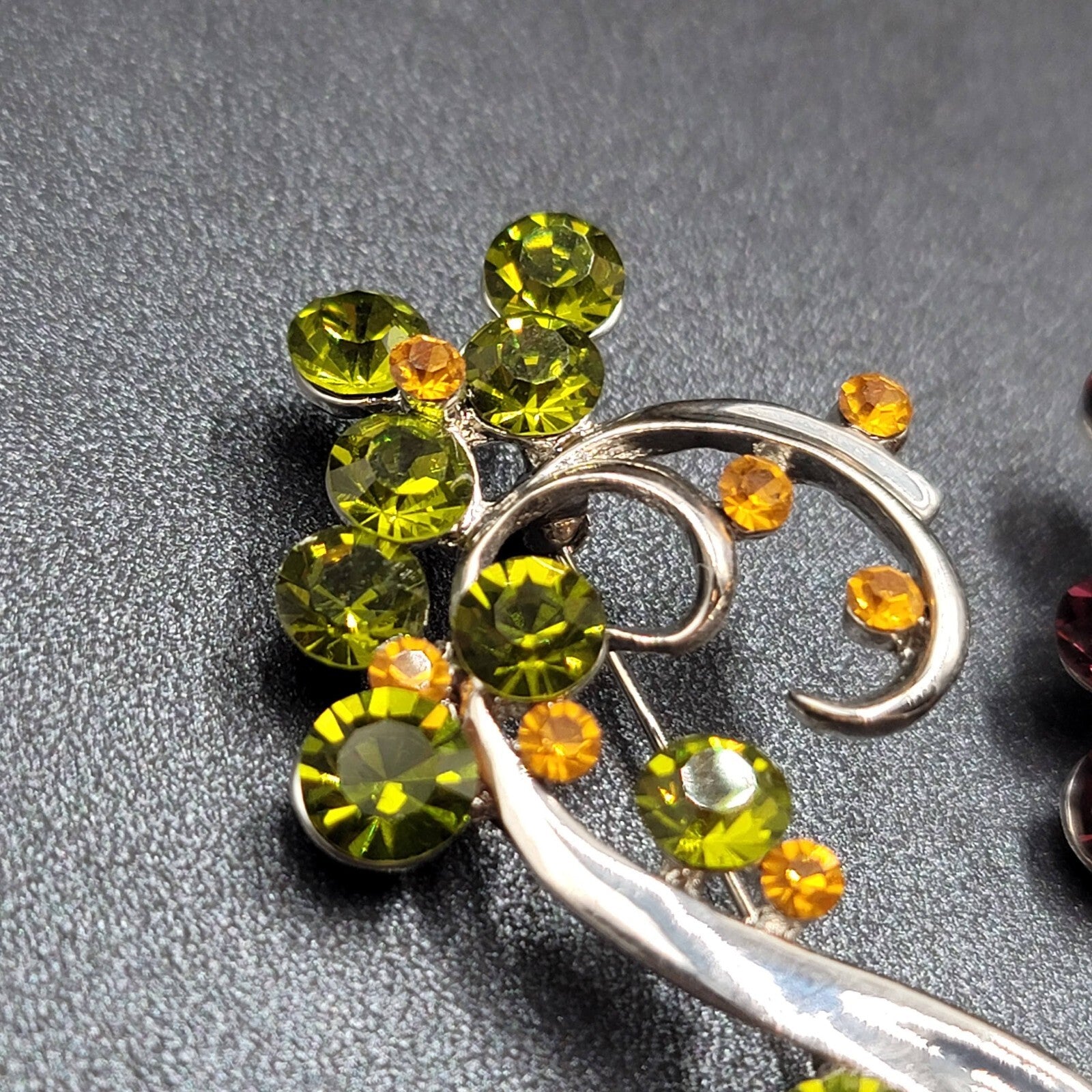 Vintage Brooch Lot of 2 Silver tone Green Purple Crystal Rhinestone 2.5"