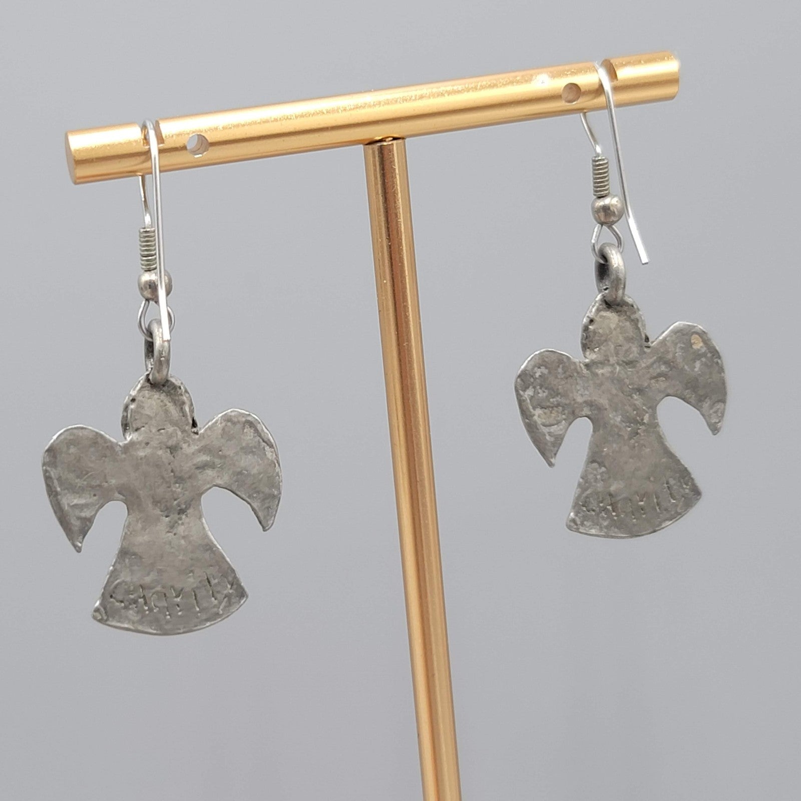 Vintage Angel Heart Pierced Earrings Pewter Silver tone Dangle  1.25 in