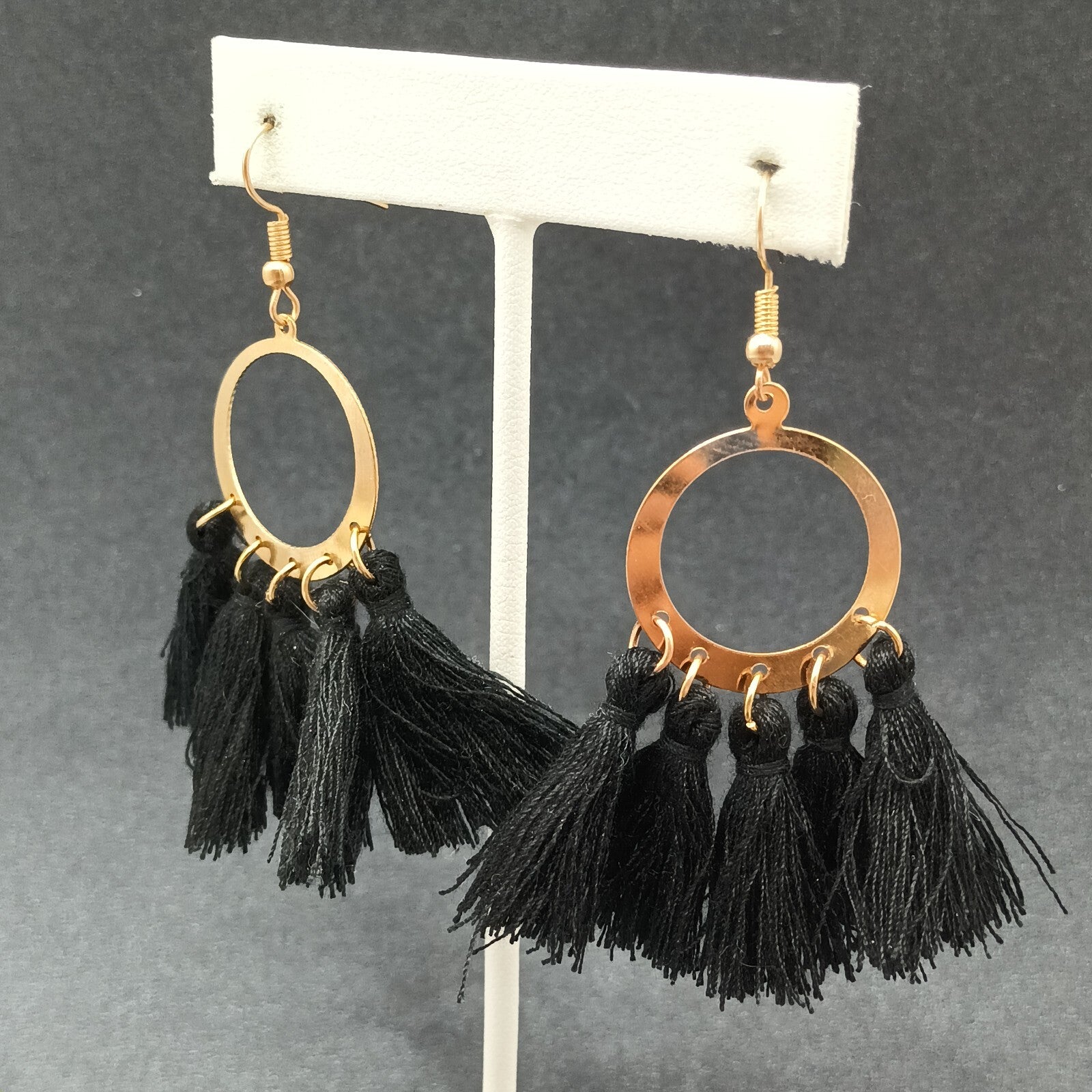 Boho Pierced Earrings Gold tone Circle Black Tassel Statement Dangle 2 1/4"