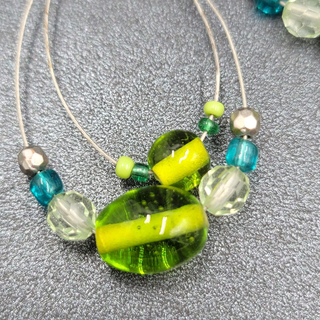 Pierced Earrings Silver tone Green Blue Glass Beads Statement Hoops 2 1/8"