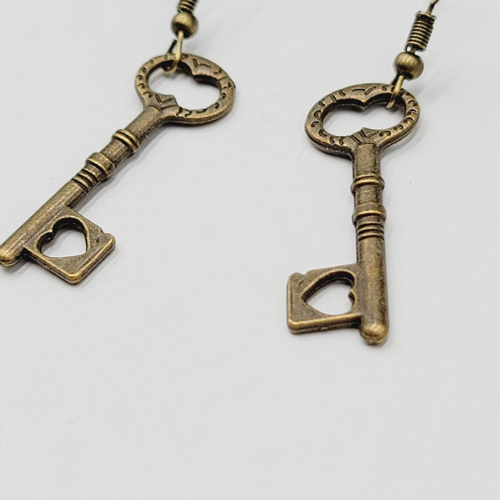 New Heart Skeleton Key Pierced Earrings Bronze tone Dangle 1 3/8"