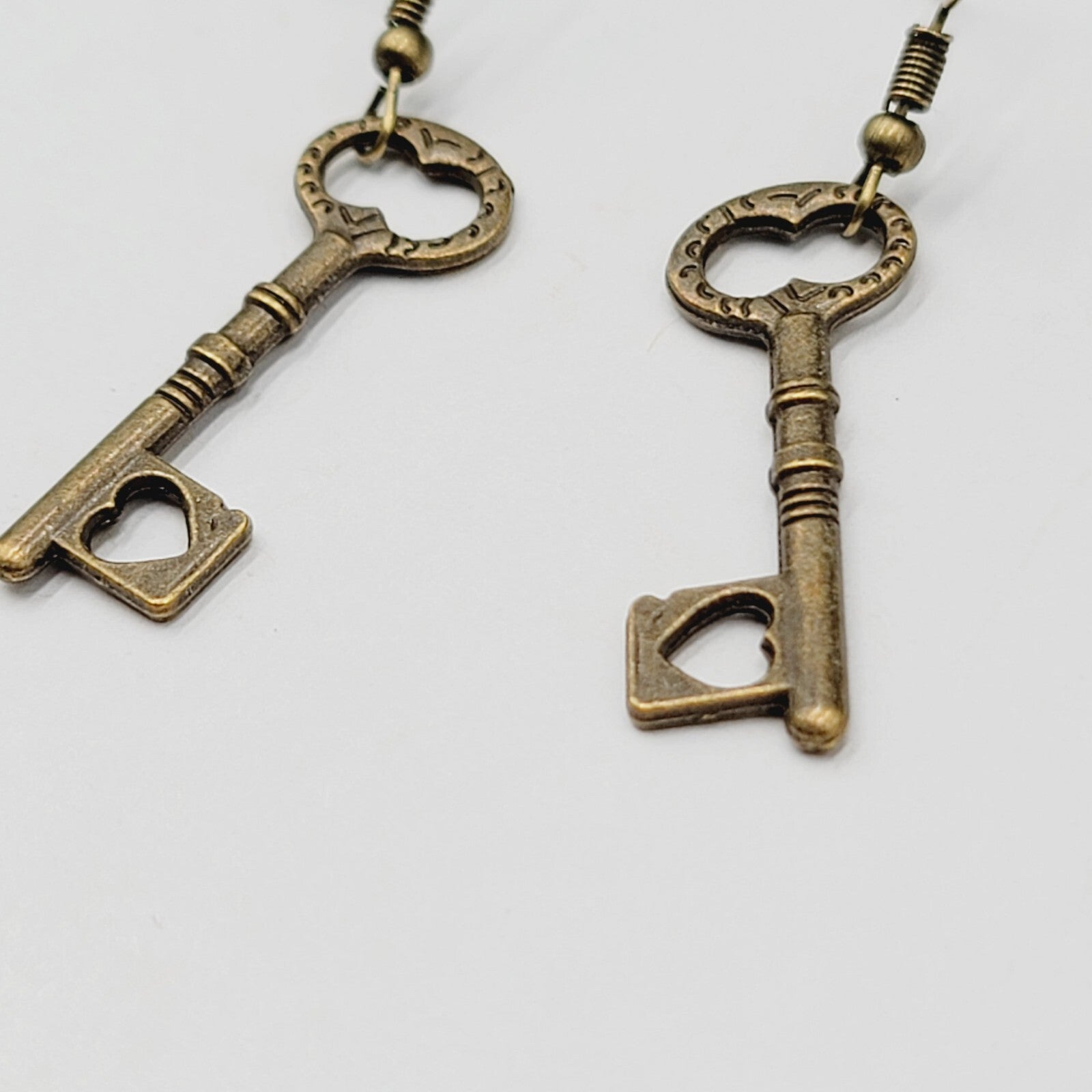 New Heart Skeleton Key Pierced Earrings Bronze tone Dangle 1 3/8"
