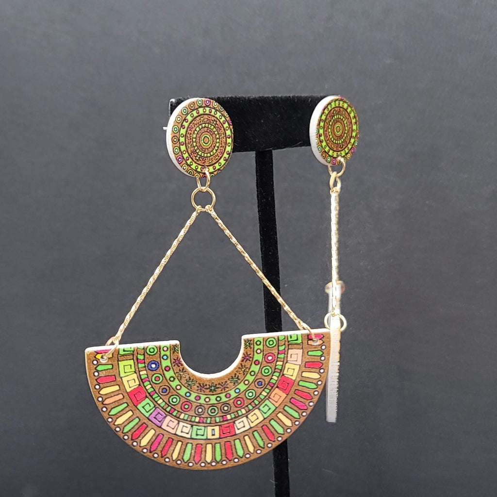 Large Statement Pierced Earrings Multicolor Boho Wood Dangle 3.5"