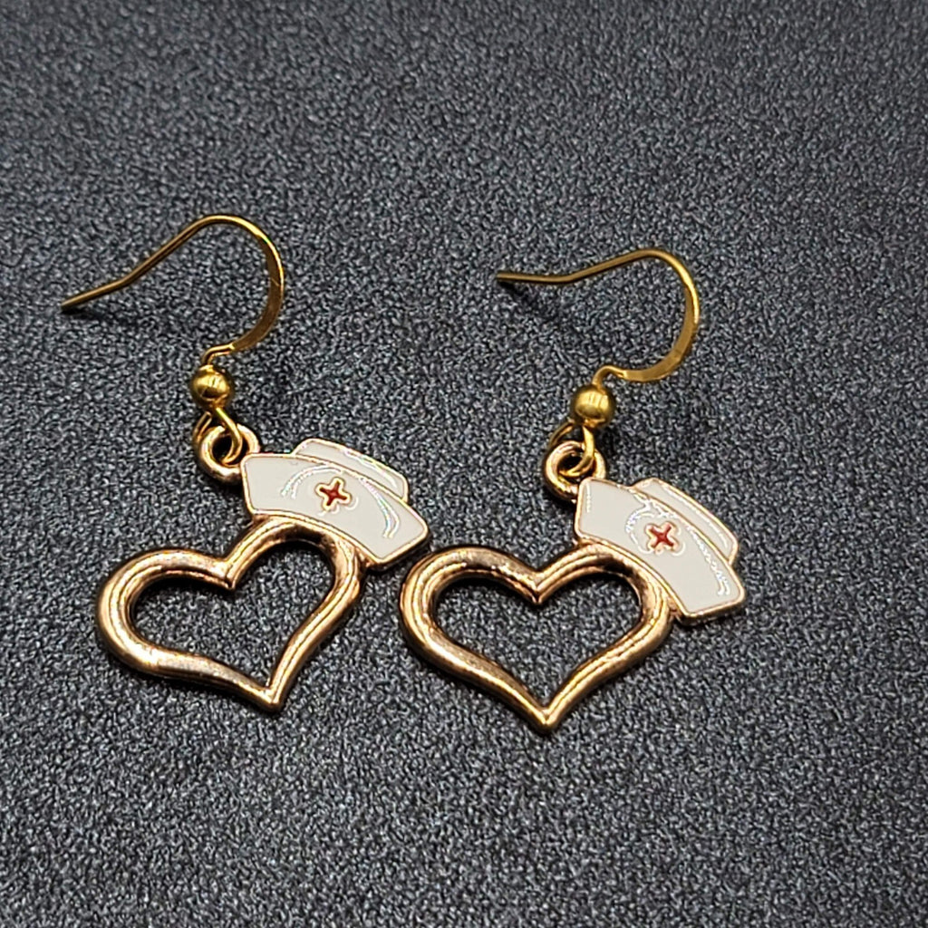 Nurse Heart Pierced Earrings Red White Enamel Gold tone Dangle 3/4"
