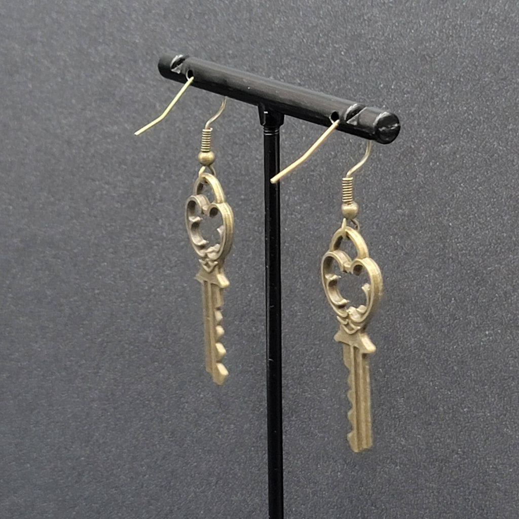 New Pierced Earrings Ornate Key Bronze tone Dangle 1.5"