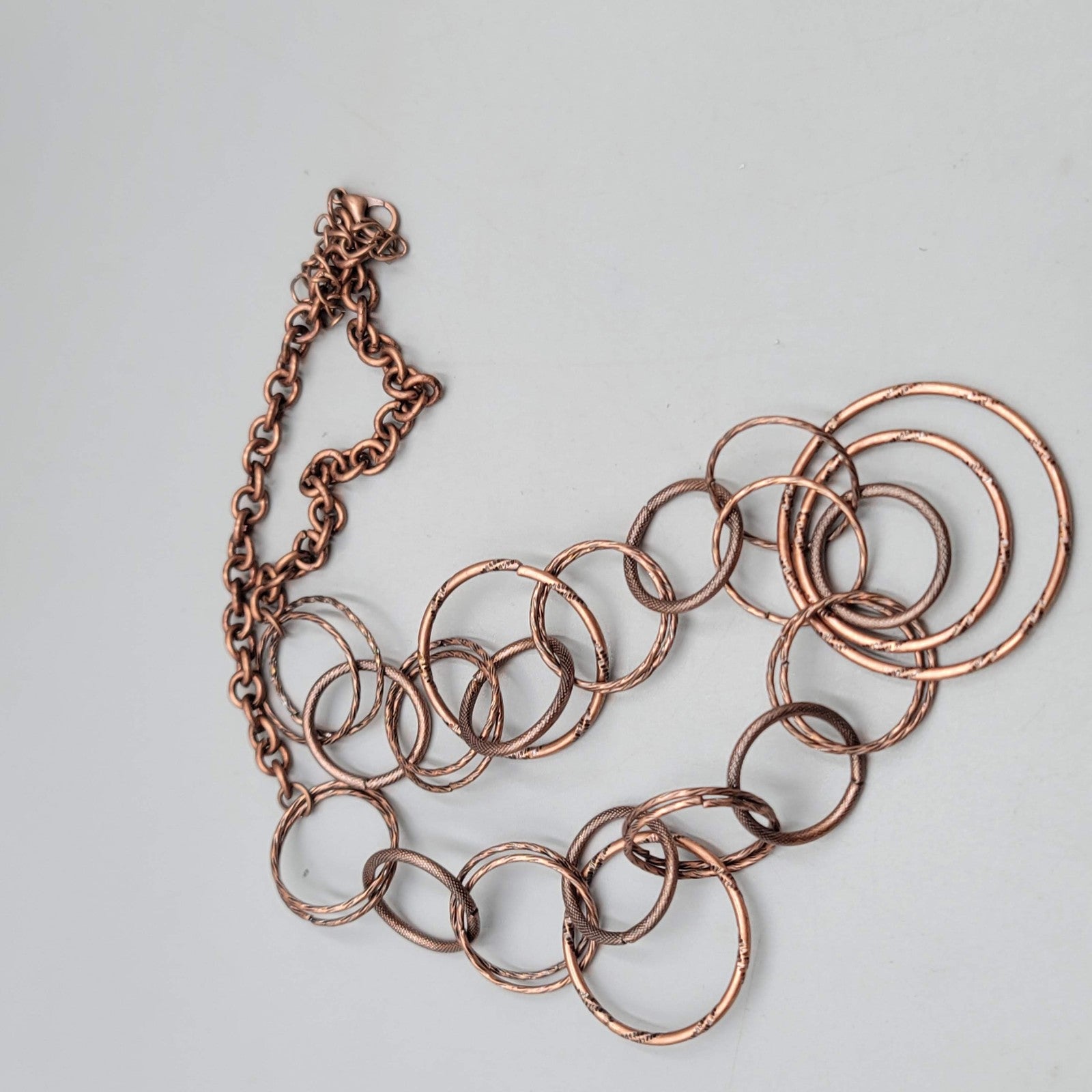 Copper Tone Statement Necklace Hammered Circle Link Chain Adjustable 18-20"