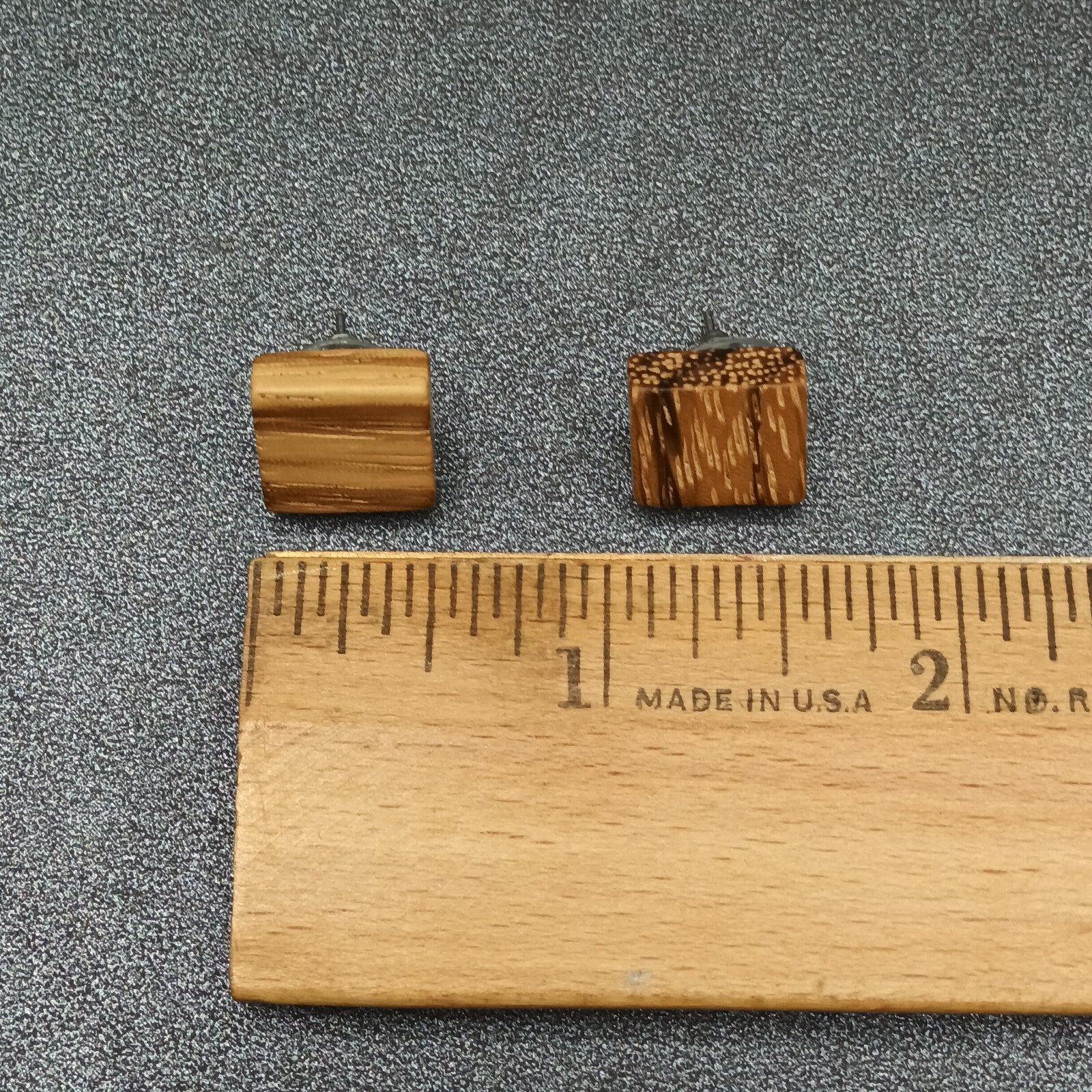 Vintage Pierced Earrings Wooden Square Block Studs  1/2"