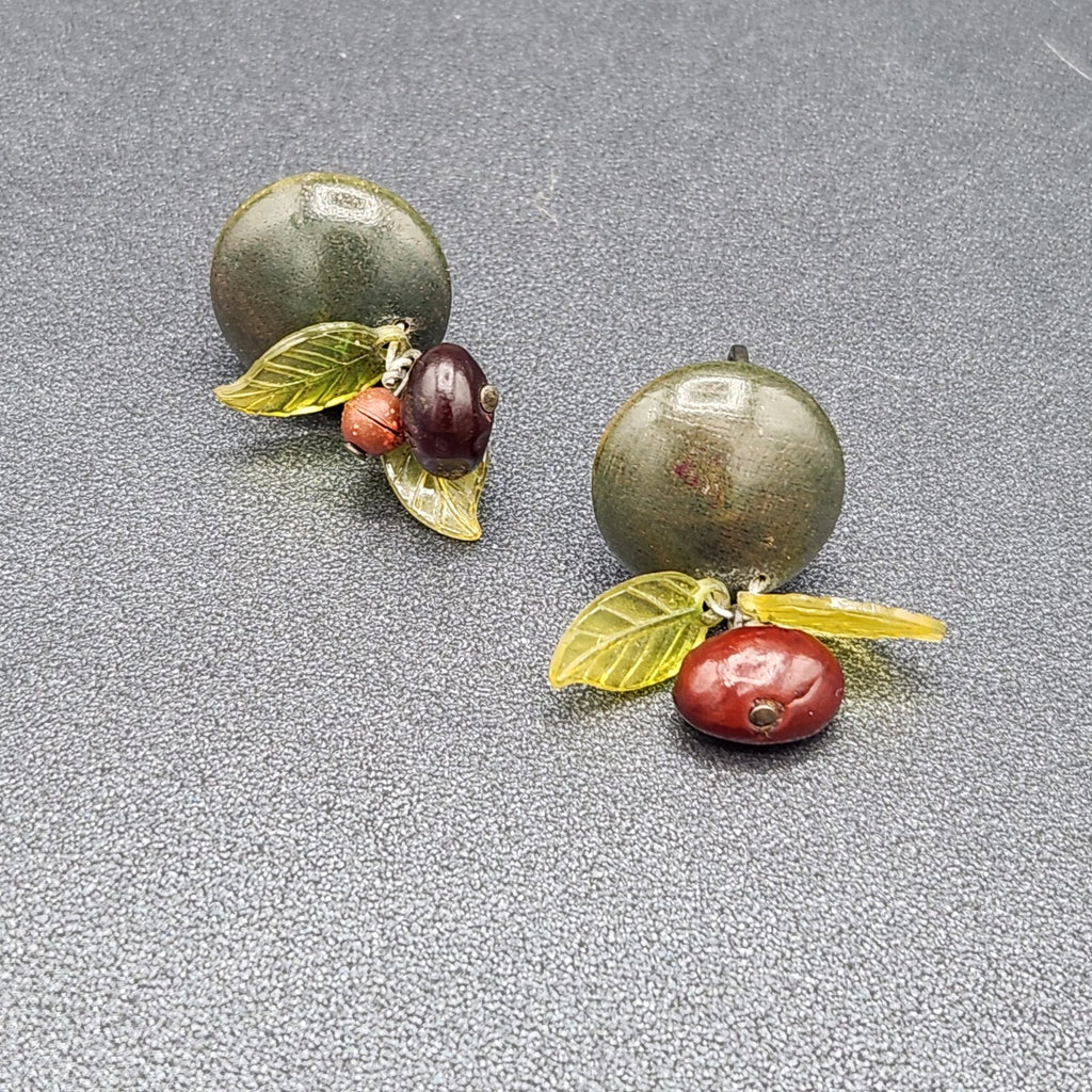 Vintage Clip on Earrings Green Seed and Acrylic Leaves Dangle Studs 3/4"