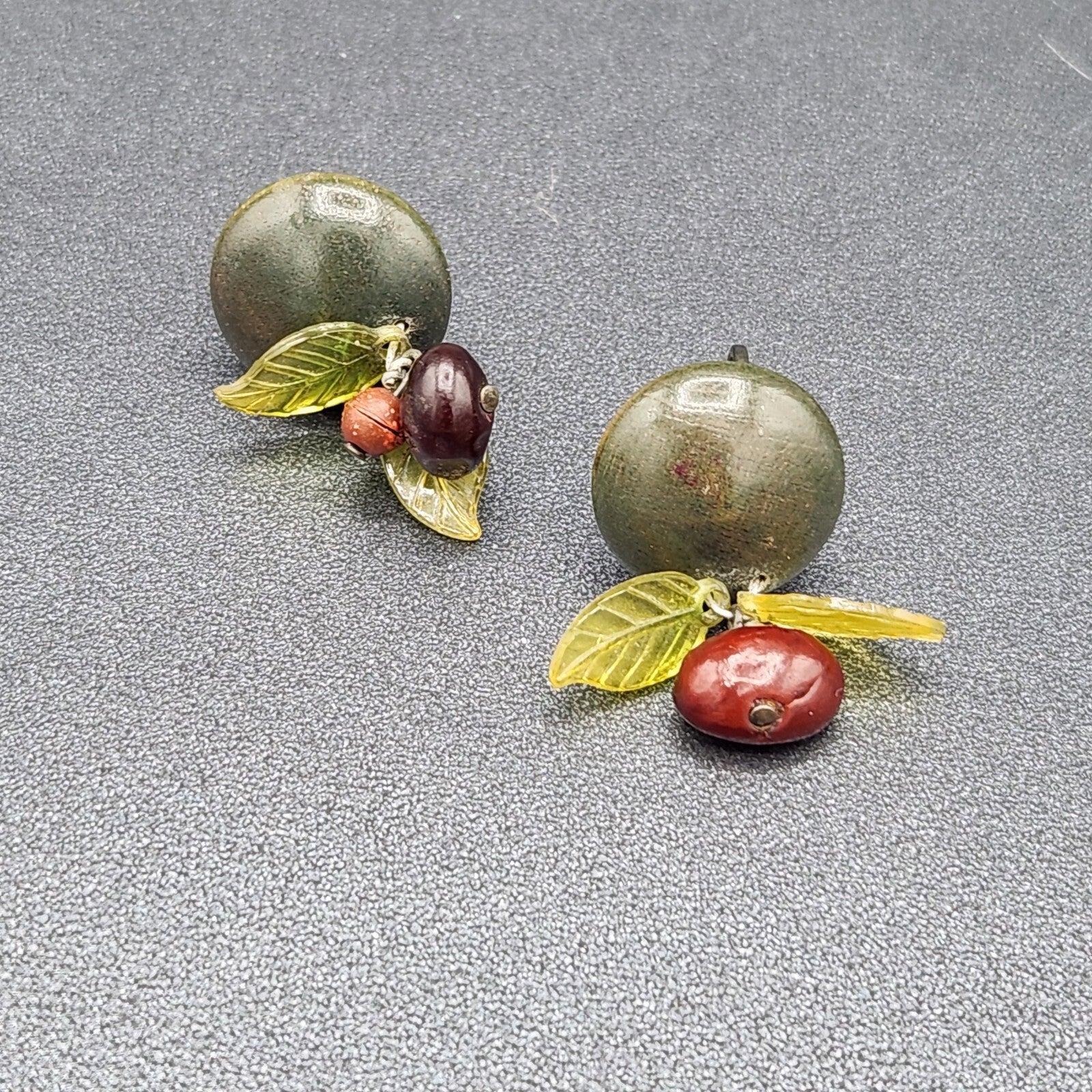 Vintage Clip on Earrings Green Seed and Acrylic Leaves Dangle Studs 3/4"