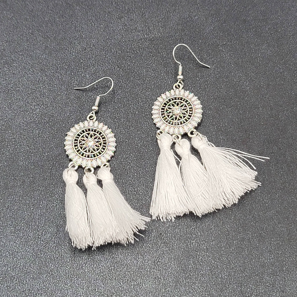 Pierced Earrings Silver tone Enamel Medallion Round Dangle White Tassel 2.5"