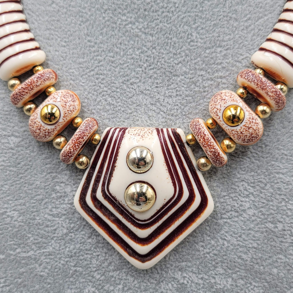 Vintage Large Statement Necklace Earrings Set Clip On Womens Cream Brown Acrylic
