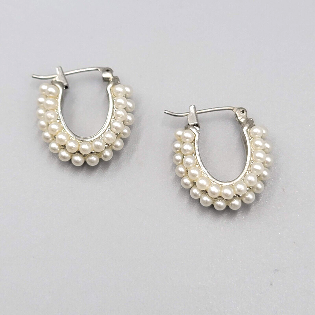 Hoop Pierced Earrings White Beaded Hoops Silver tone 3/4"