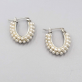 Hoop Pierced Earrings White Beaded Hoops Silver tone 3/4"