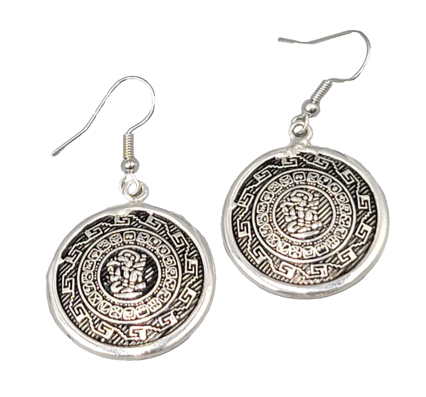 Mexico Mexican Motif Pierced Earrings Round Silver tone Dangle 1.25"