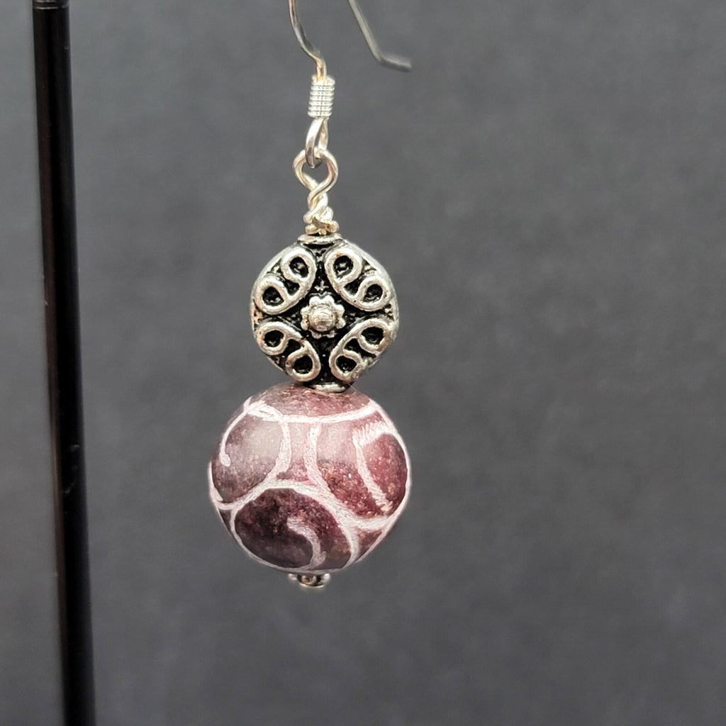 Pierced Earrings Silver tone Hand Carved Purple Stone Bead Dangle  1.25"