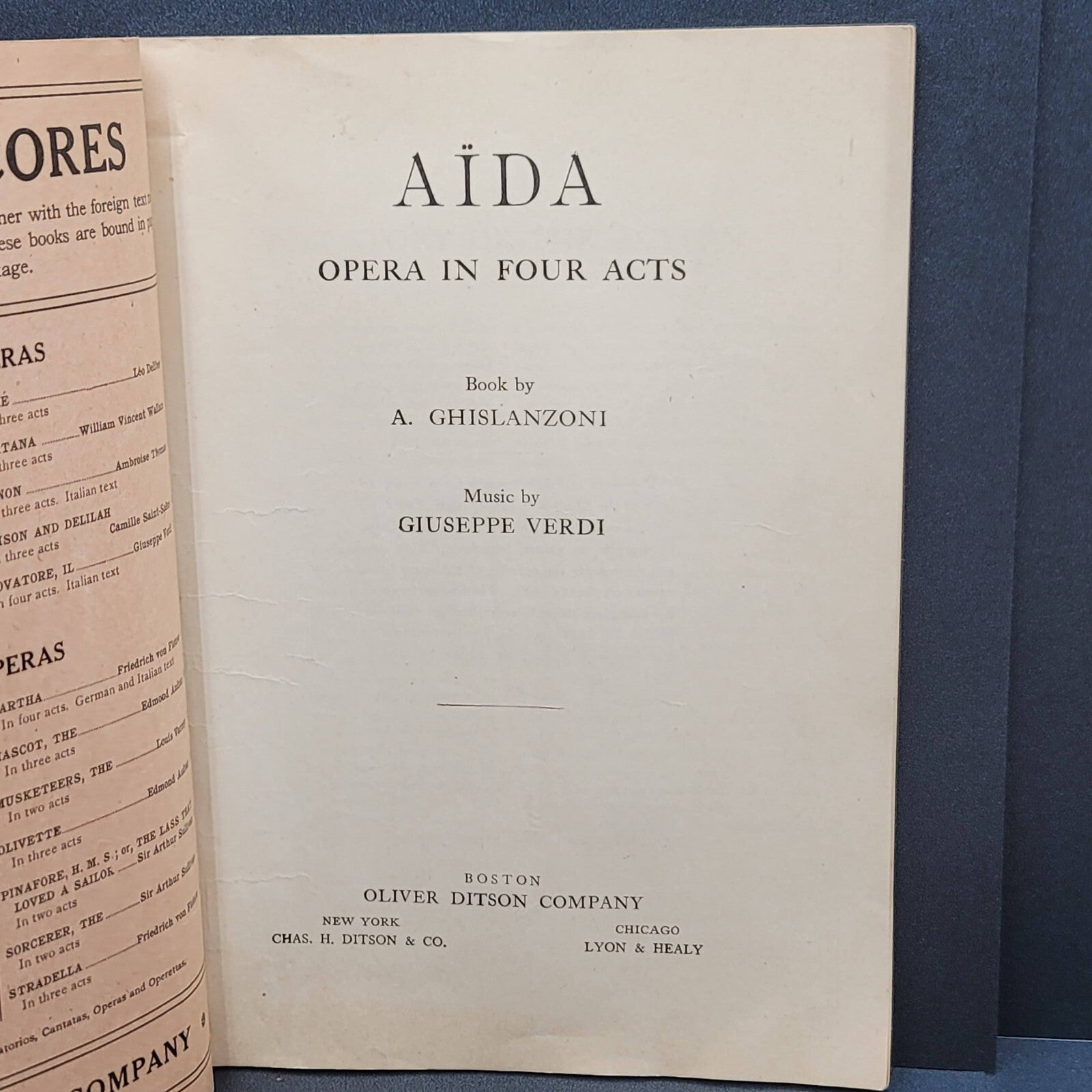 Vintage Grand Opera Librettos Italian English AIDA Verdi Oliver Ditson Co FS