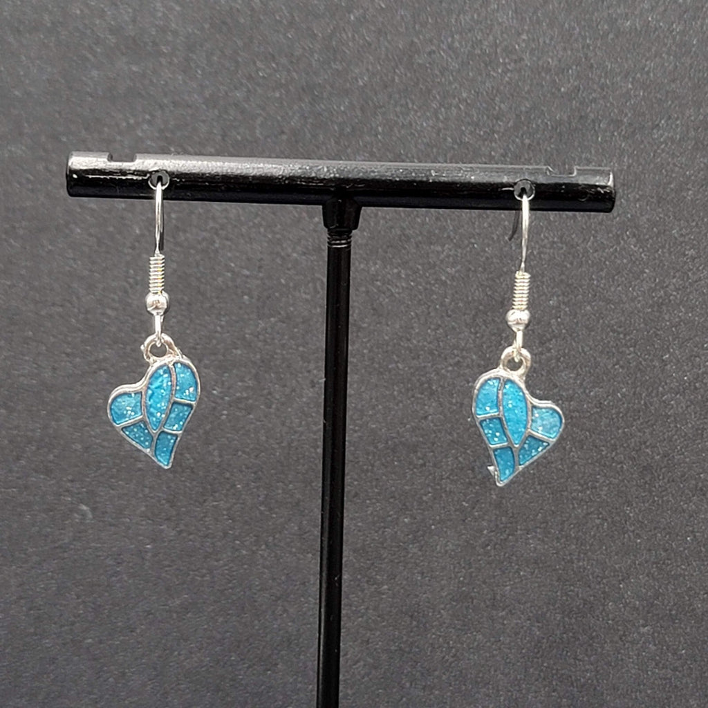 Heart Pierced Earrings Silver tone Blue Enamel Glitter Dangle 5/8"