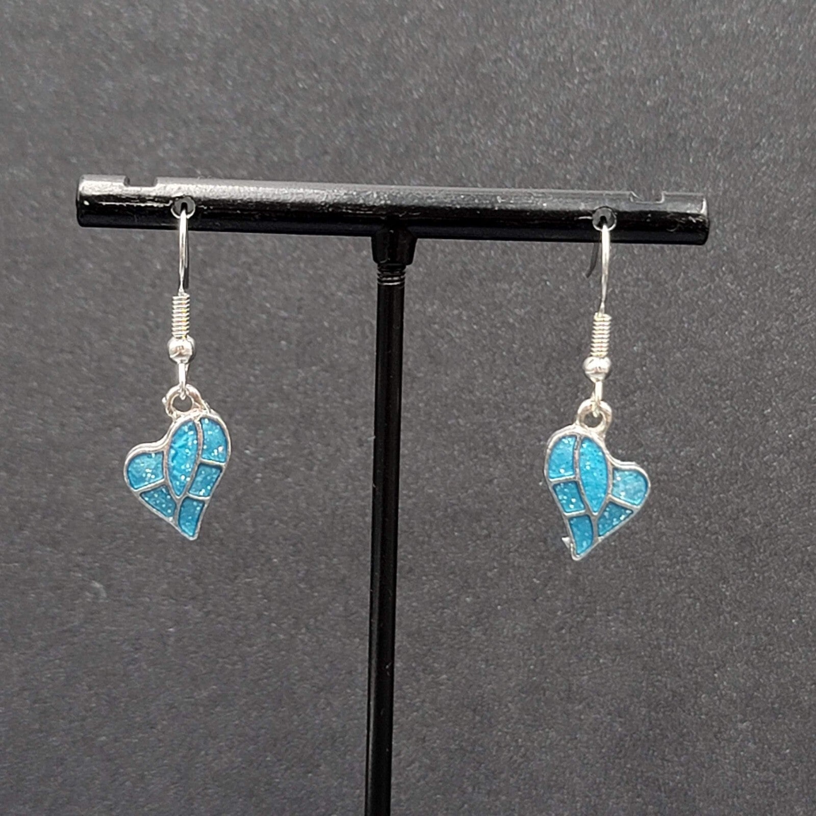 Heart Pierced Earrings Silver tone Blue Enamel Glitter Dangle 5/8"