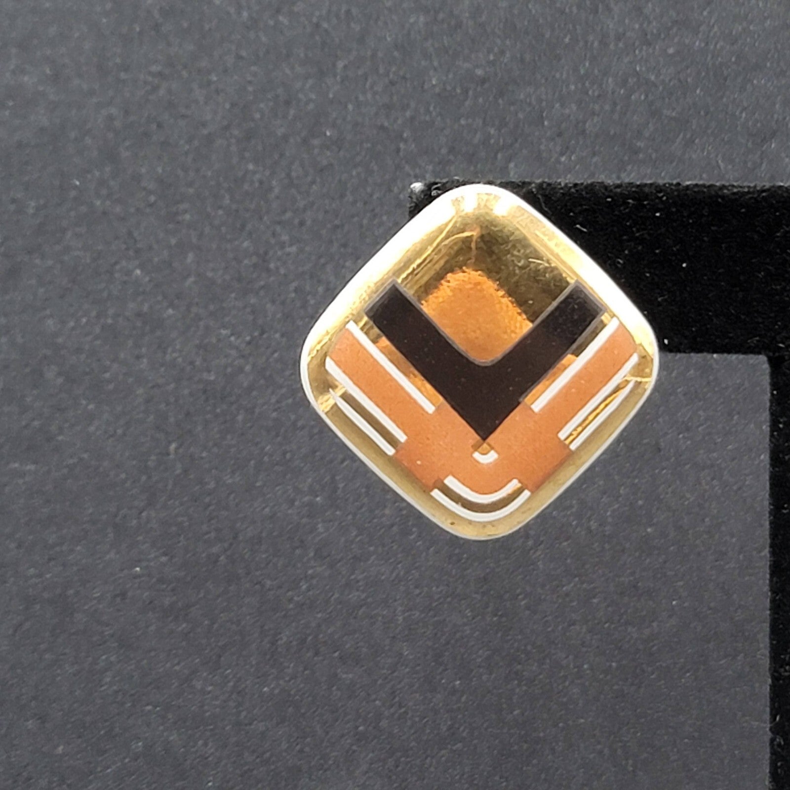 Vintage Pierced Earrings Ceramic Gold Black Brown Painted Square Drop 1"
