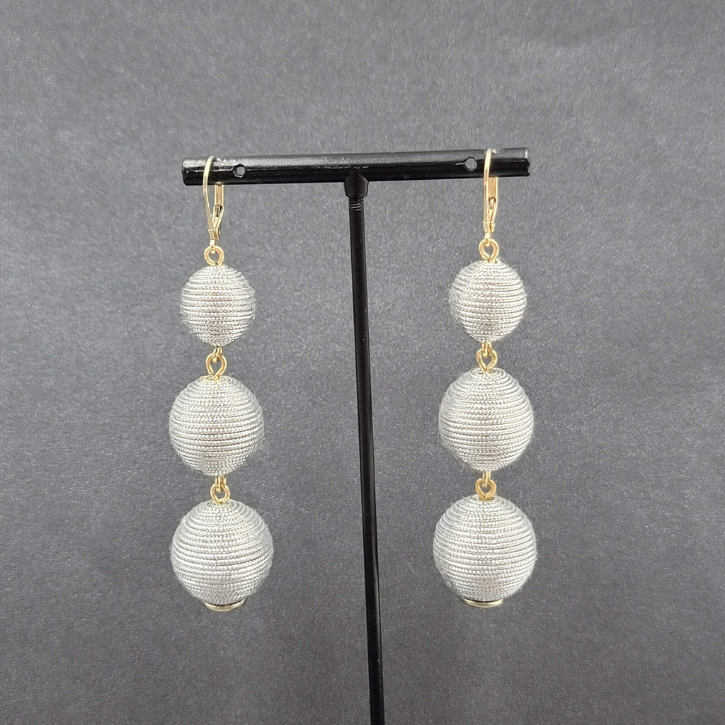Pierced Earrings Silver tone Cord Covered Spheres Gold tone Leverback 2.5"