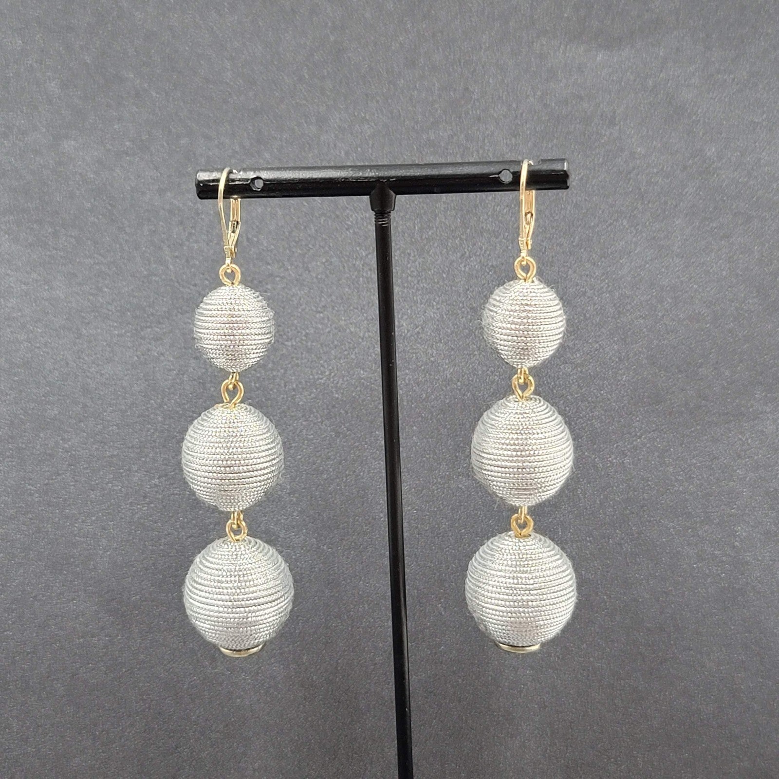 Pierced Earrings Silver tone Cord Covered Spheres Gold tone Leverback 2.5"