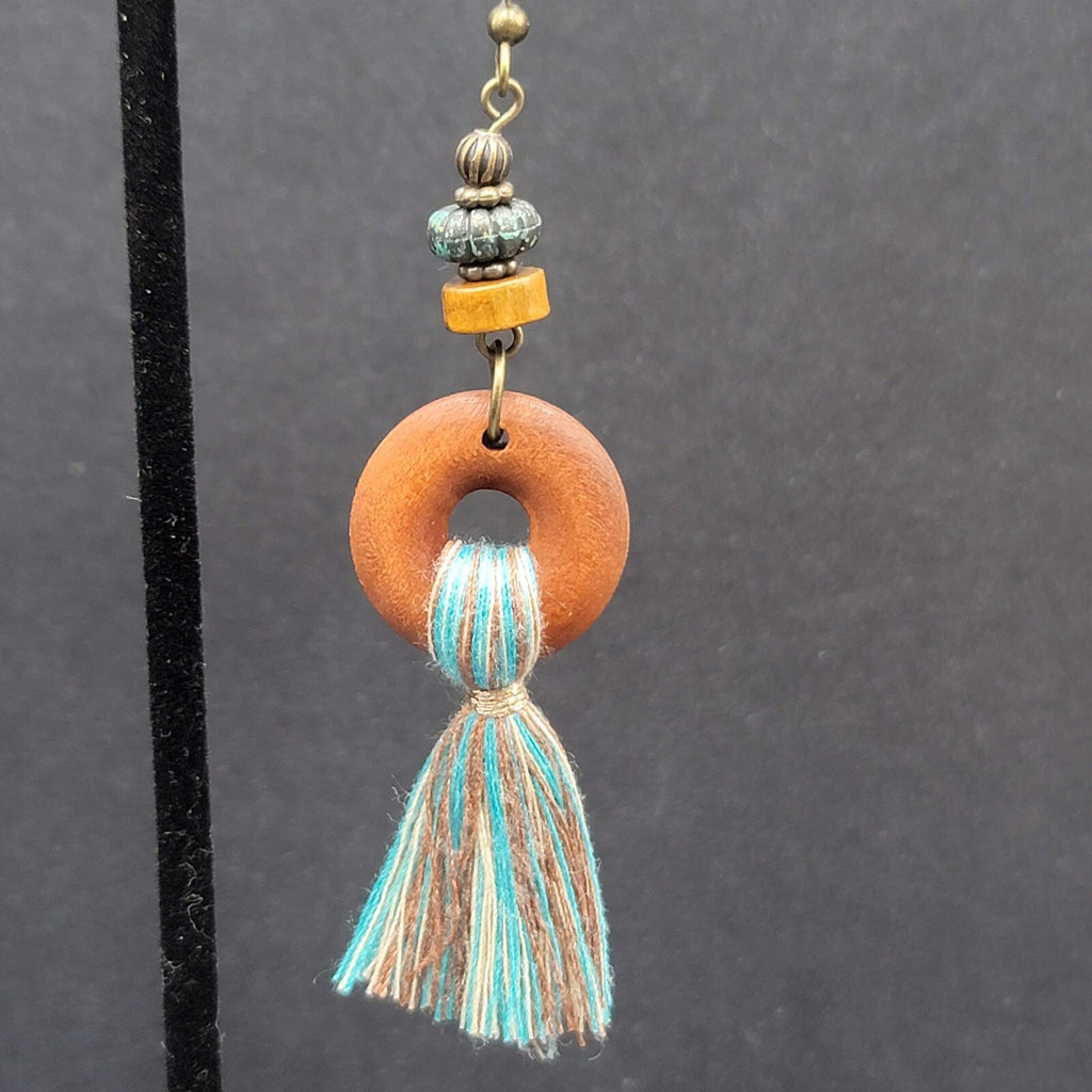 New Boho Pierced Earrings Wood Ring Blue White Tassel Beaded Dangle 2.75"