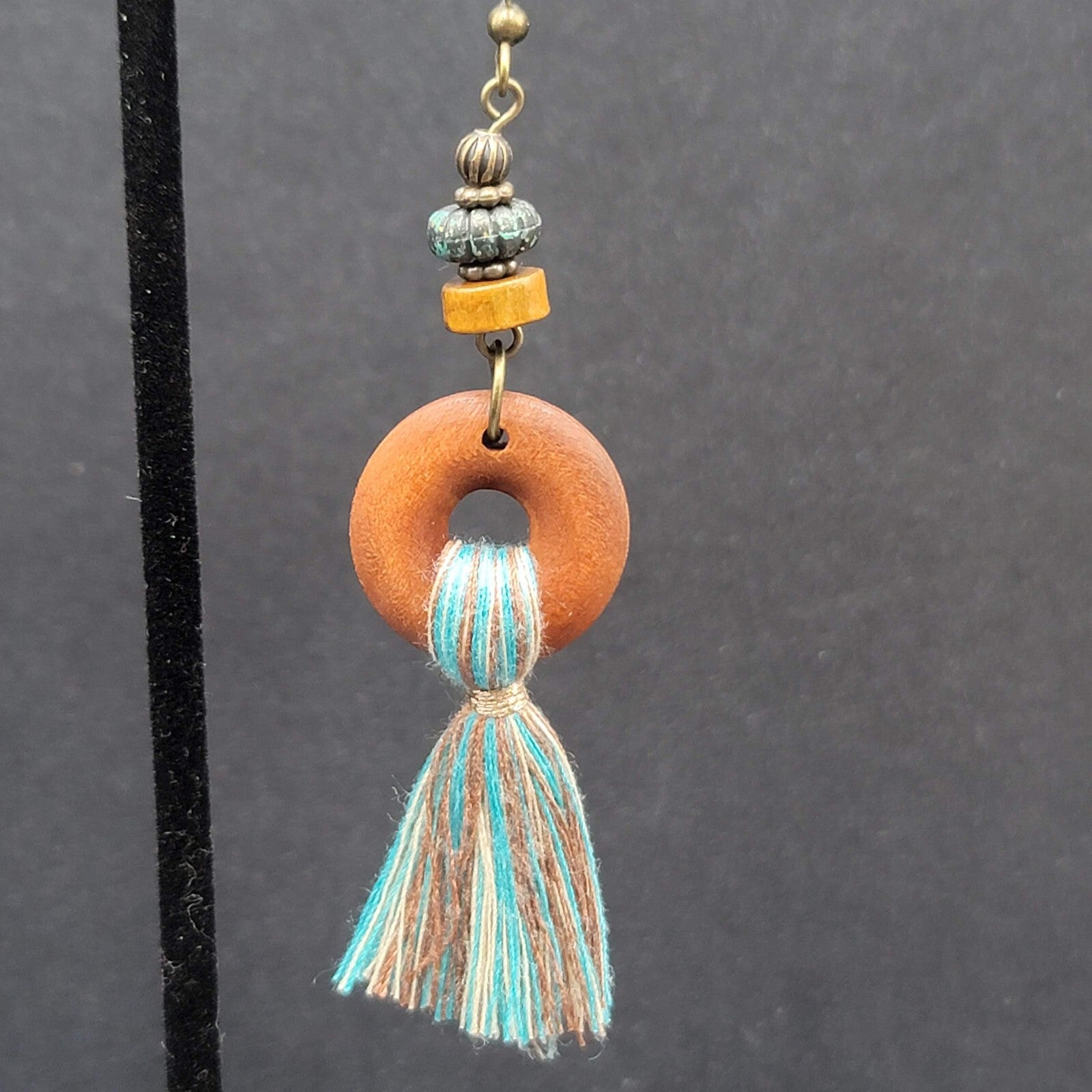 New Boho Pierced Earrings Wood Ring Blue White Tassel Beaded Dangle 2.75"