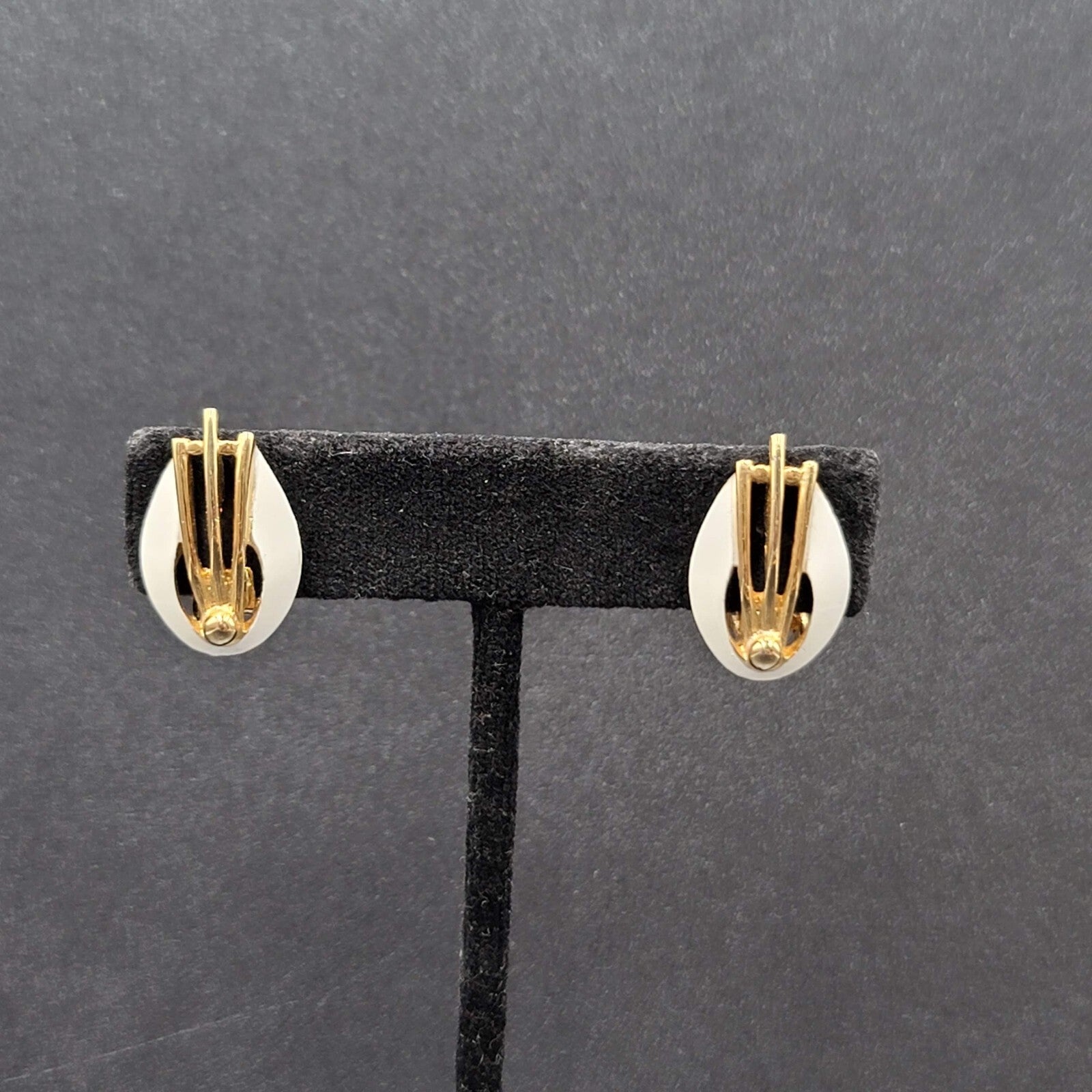 Vintage Clip on Earrings Gold tone White Enamel Studs 7/8"