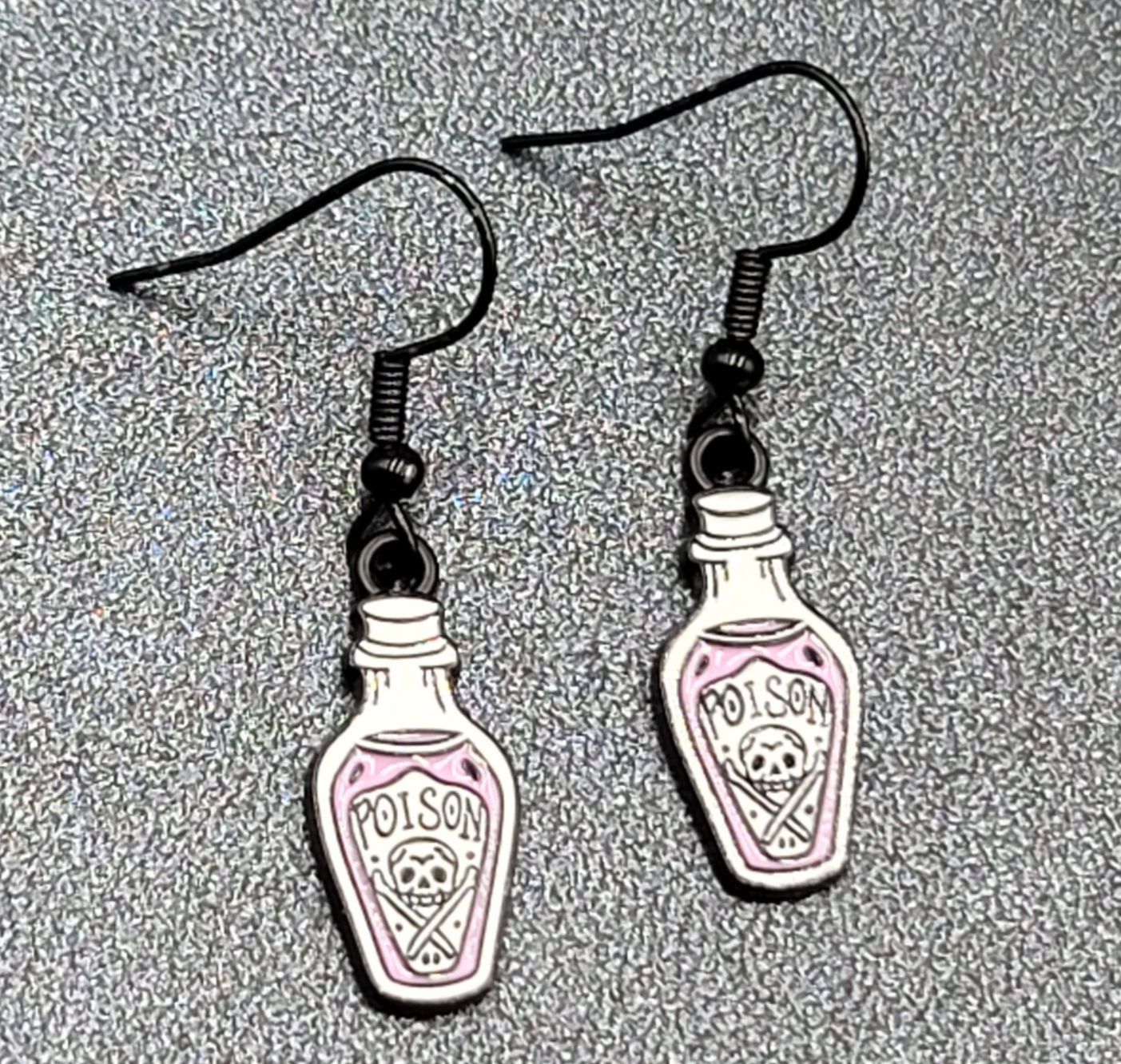 Poison Pierced Earrings Purple Black White Enamel Dangle 7/8" 