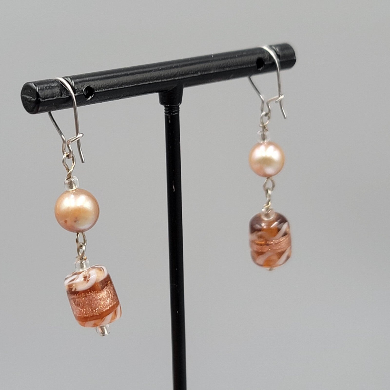 Art Glass Bead Pierced Earrings Silver tone Dangle 1.25"