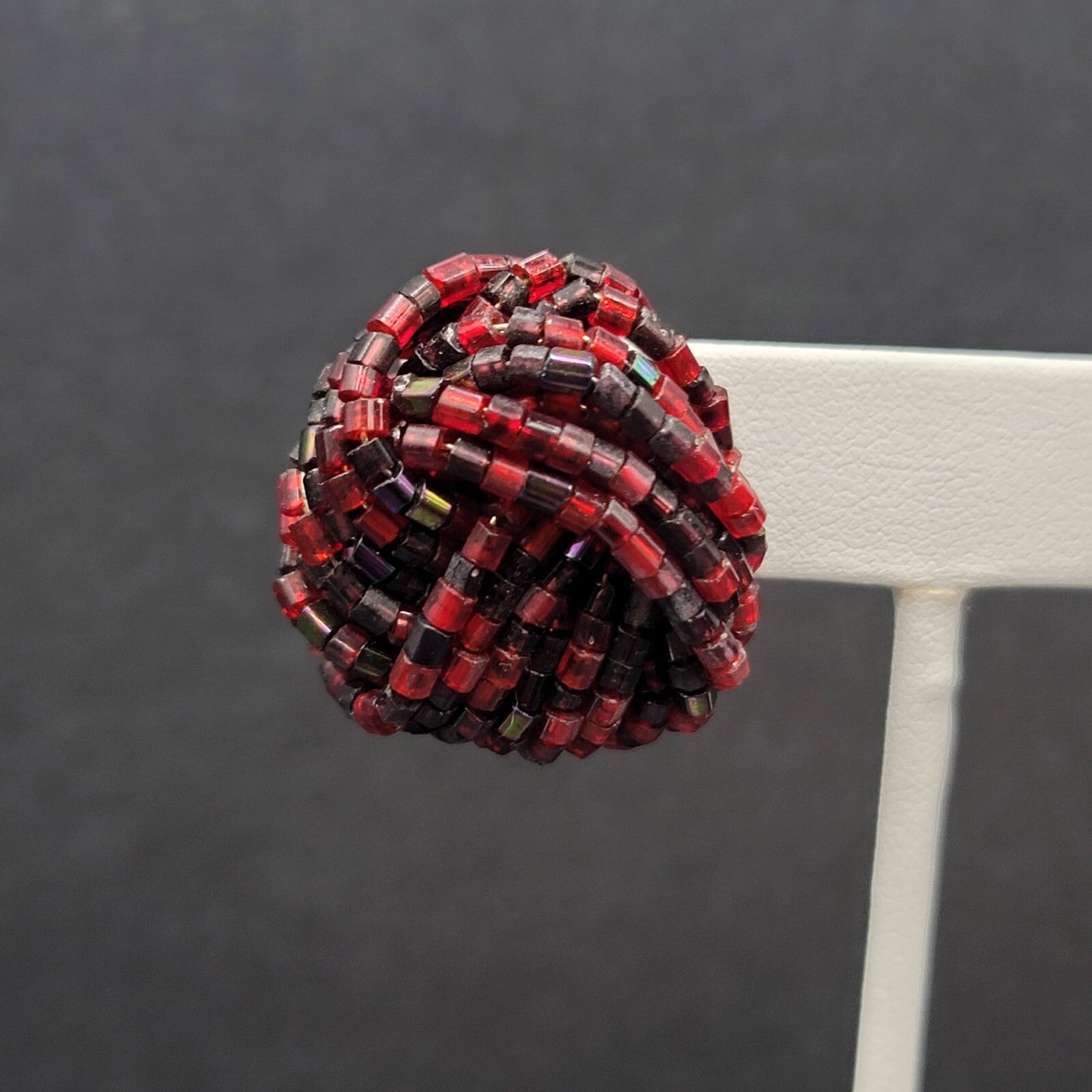 Vintage Pierced Earrings Red Black Seed Bead Cluster Knot 1"