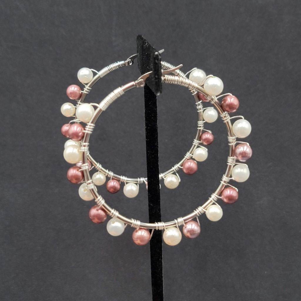 Pierced Earrings Silver tone Purple White Beaded Large Hoops 2.25"