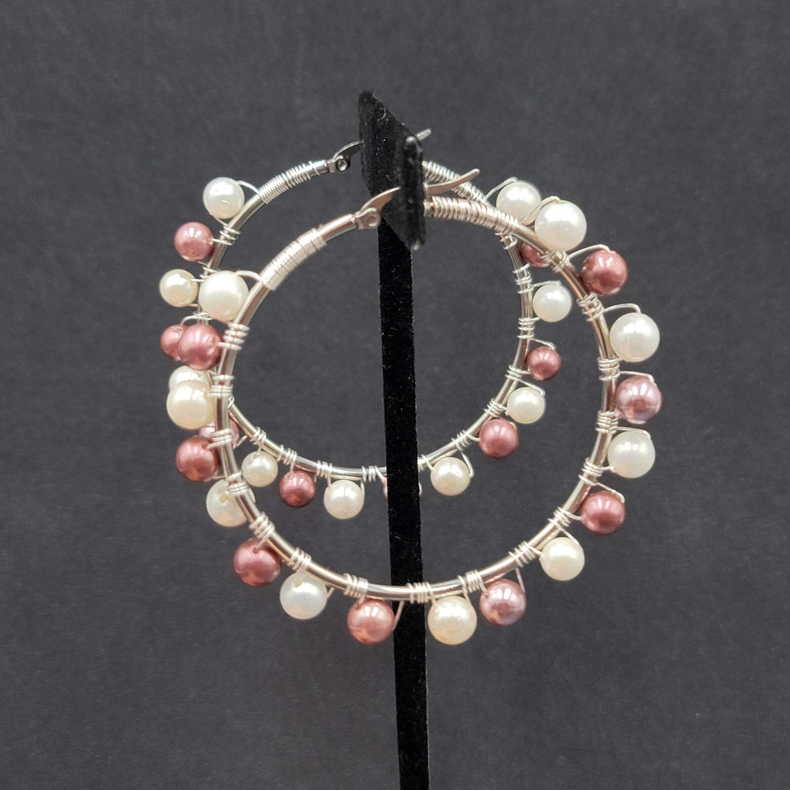 Pierced Earrings Silver tone Purple White Beaded Large Hoops 2.25"