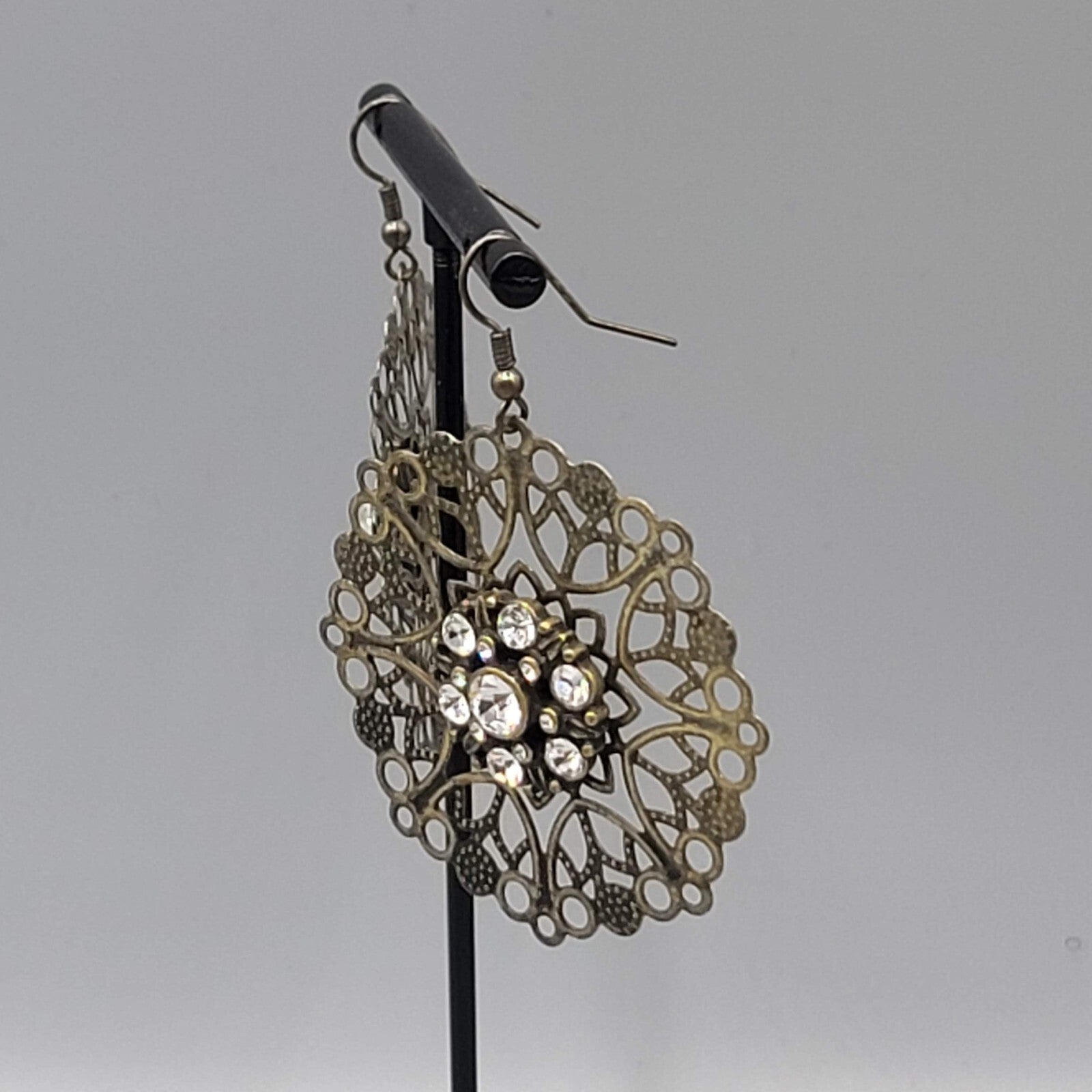 Pierced Earrings Bronze tone Large Metal Filigree Rhinestone Center Boho 1.75"