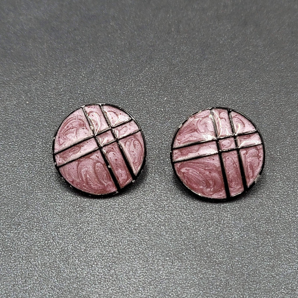 Vintage Pierced Earrings Purple Black Enamel over Metal Round Drop 1"