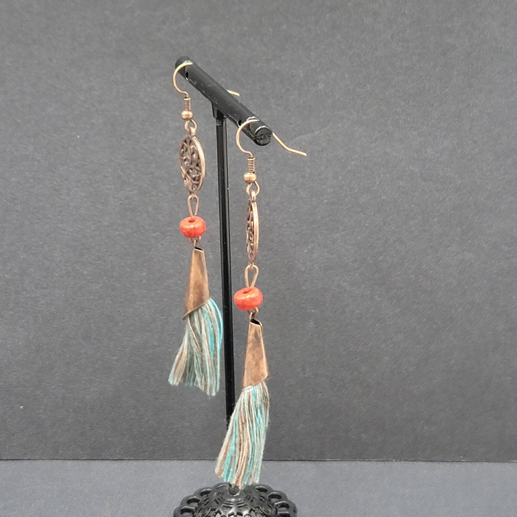 Pierced Earrings Copper tone Round Open Work Tassel Beaded Dangle 3"