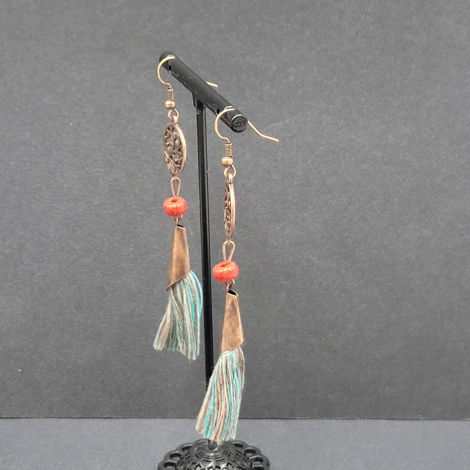 Pierced Earrings Copper tone Round Open Work Tassel Beaded Dangle 3"