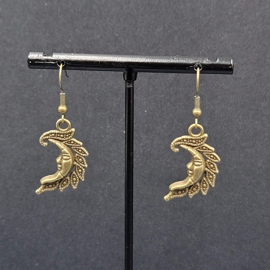 New Moon Face Pierced Earrings Bronze tone Dangle Embossed 1"