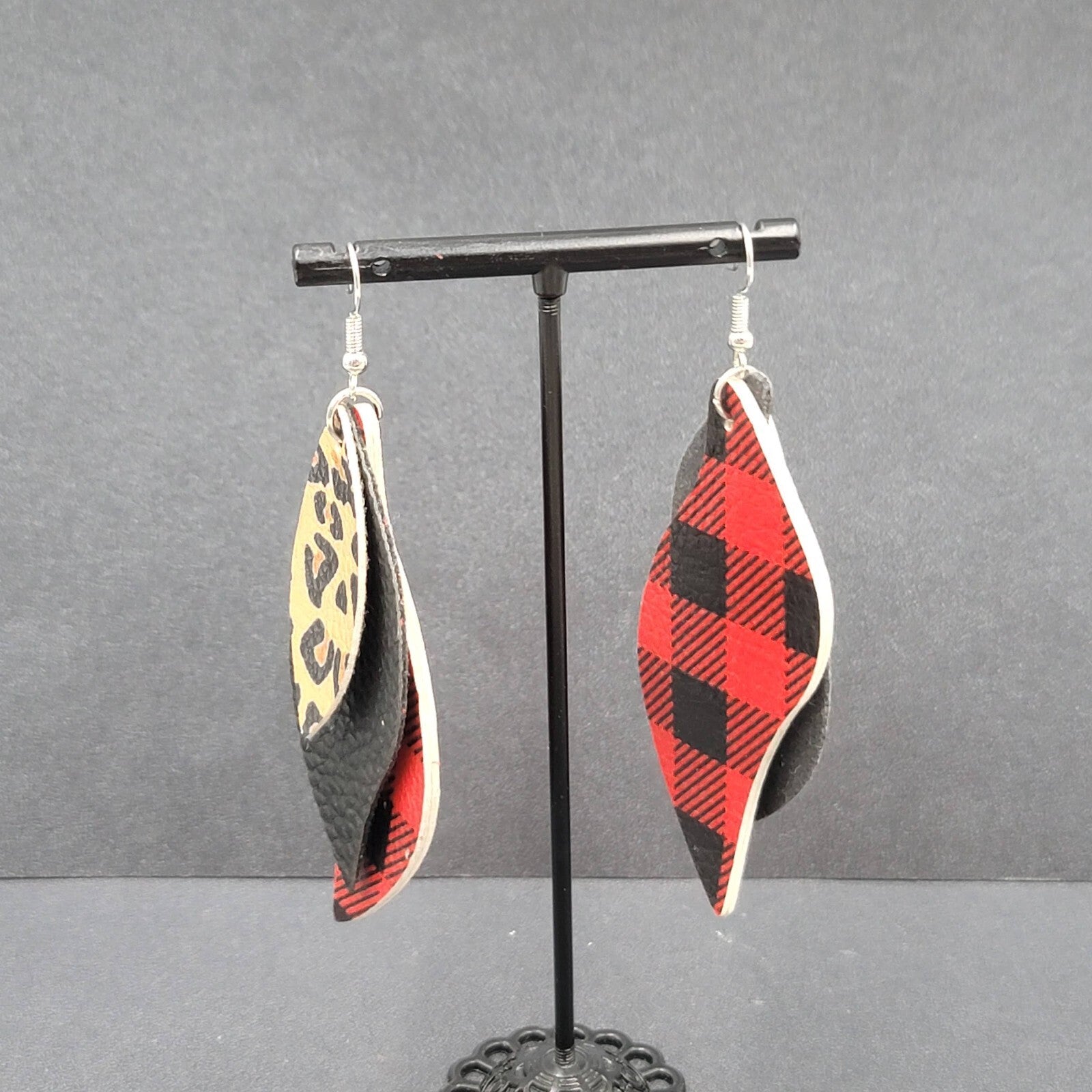 Pierced Earrings Faux Leather Leopard Print Red Plaid Silver tone Dangle 3"