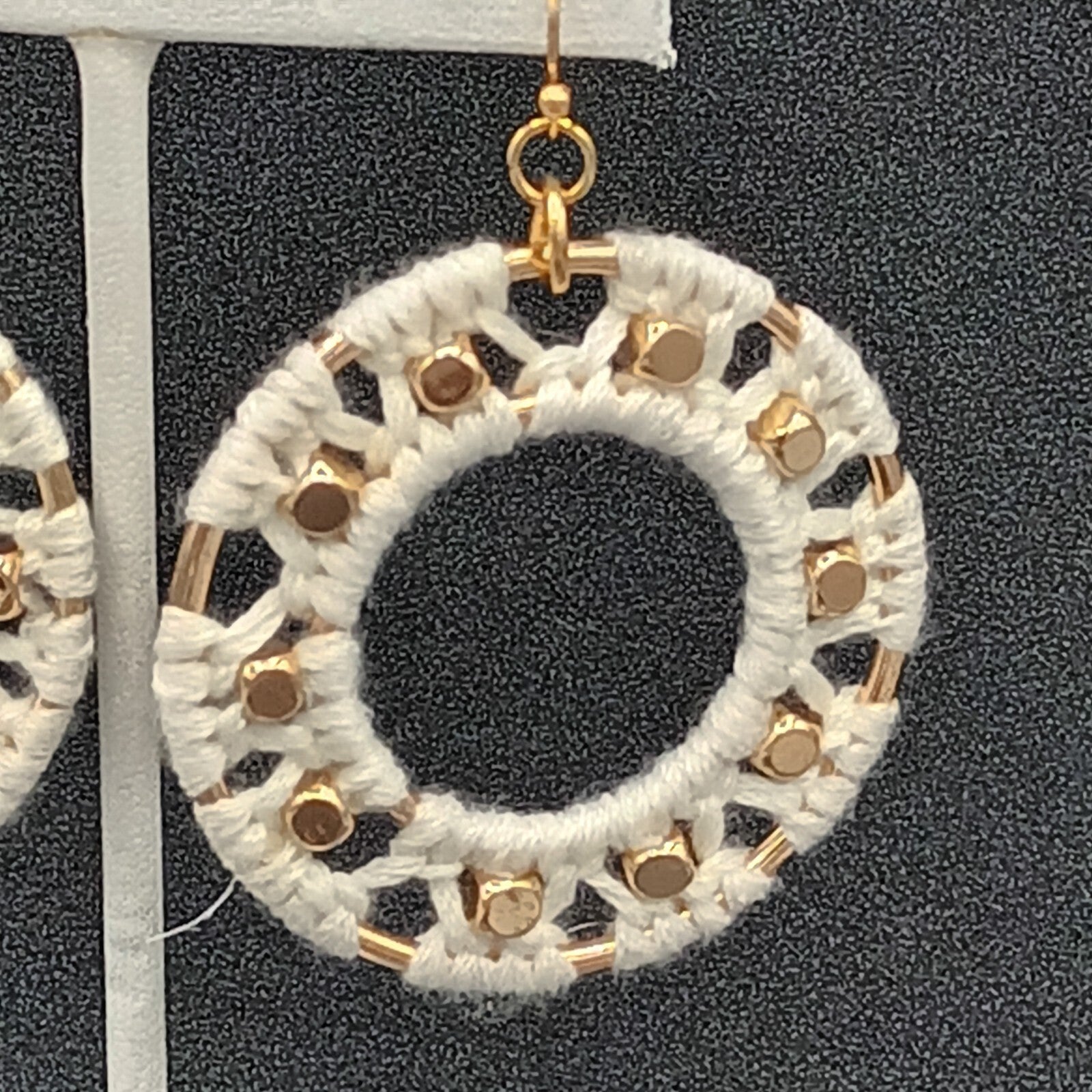 Pierced Earrings Gold tone Dangle Hoops White String Accents  Boho 2"