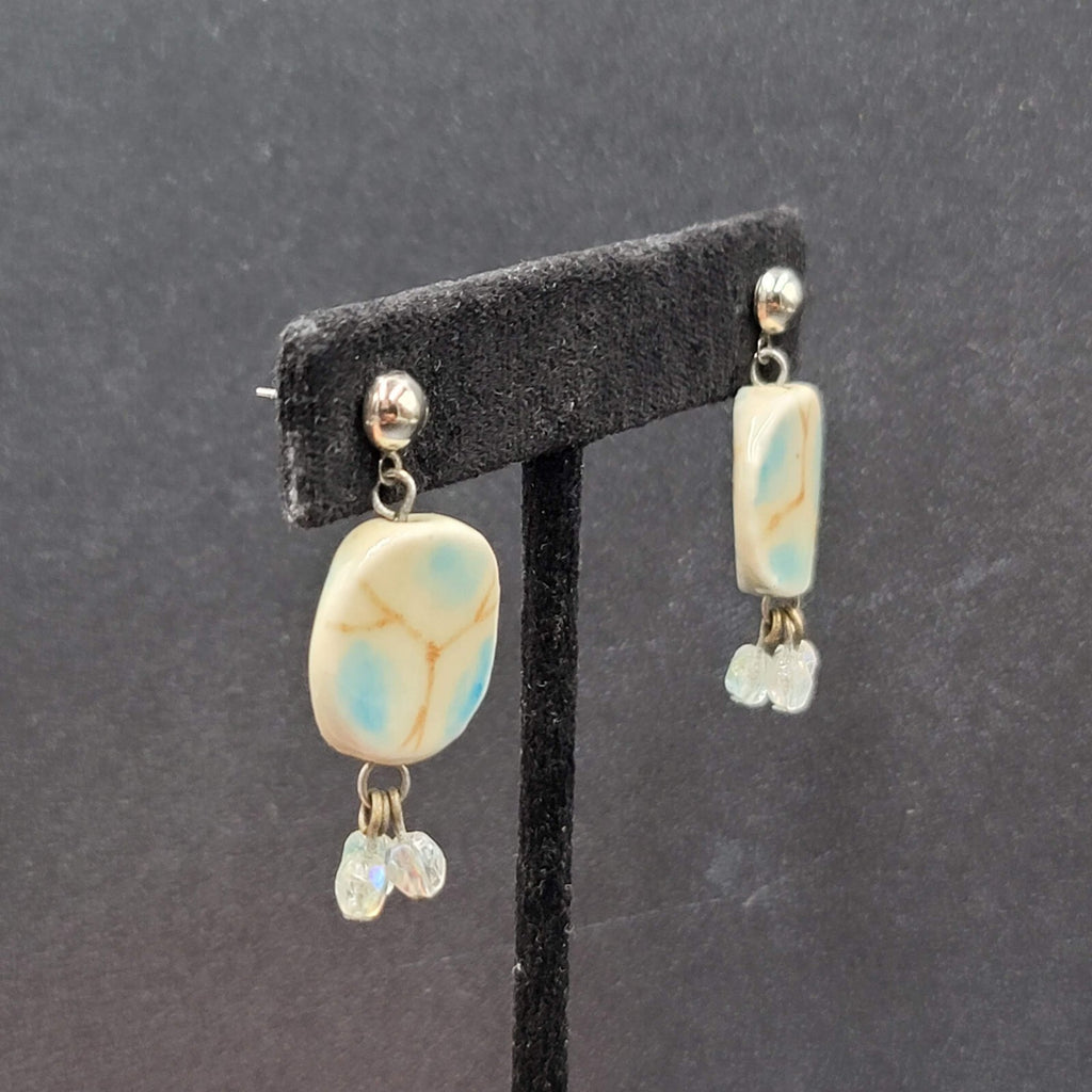 Pierced Earrings Silver tone Ceramic Pottery Bead White Blue 1.25"