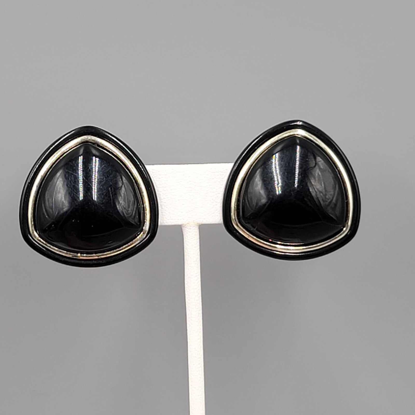 Vintage Clip on Earrings Black Triangle Gold tone Large Statement Plastic 1.25"