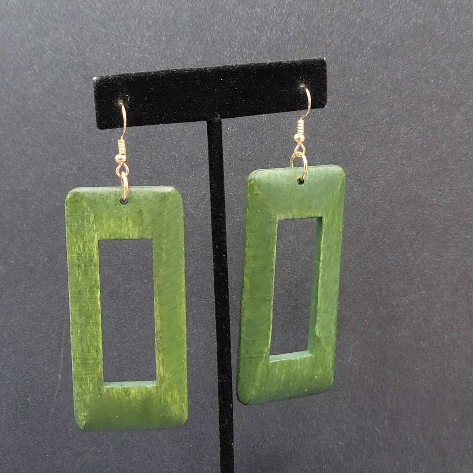 Pierced Earrings Large Green Wood Rectangle Statement Dangle 2.75"