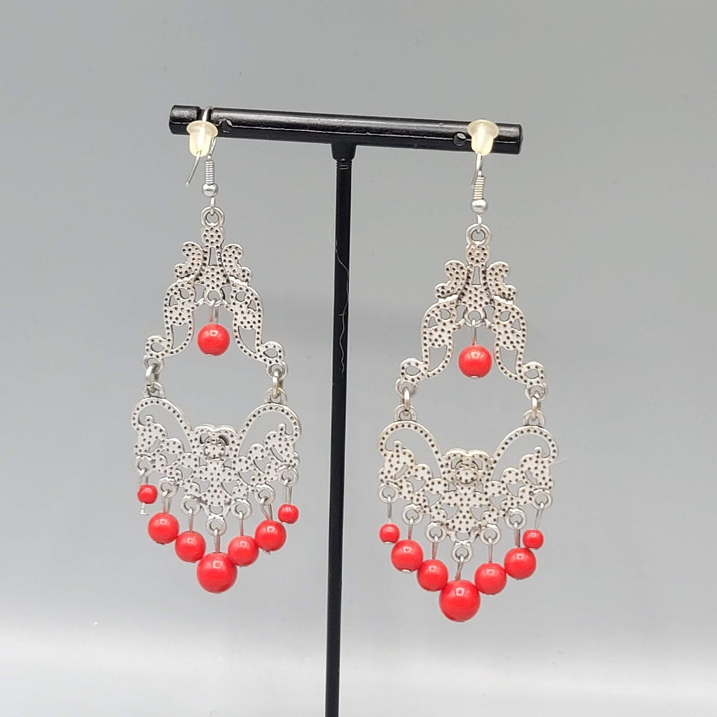Chandelier Pierced Earrings Silver tone Red Bead Crystal Rhinestone 2.5"