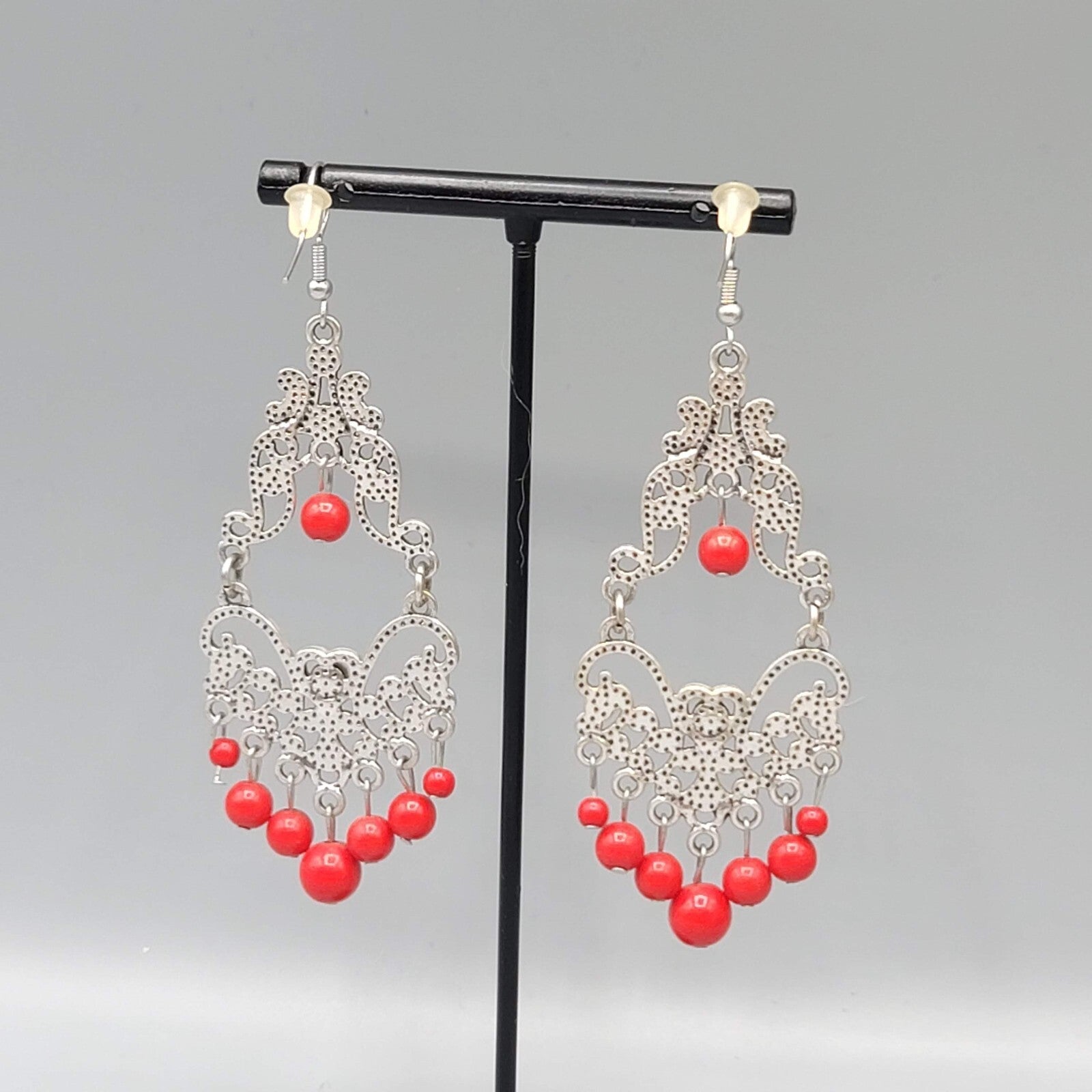 Chandelier Pierced Earrings Silver tone Red Bead Crystal Rhinestone 2.5"