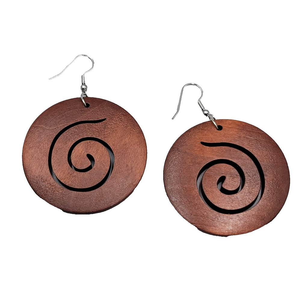 Wood Cut Large Round Swirl Boho Pierced Earrings Silver tone Dangle 2 in